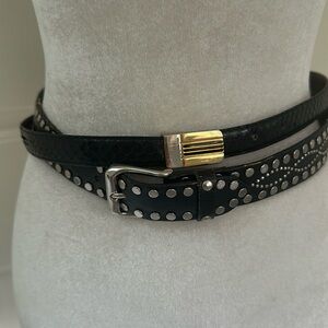 2 Black Leather Belts Silver Studs & Snake Skin